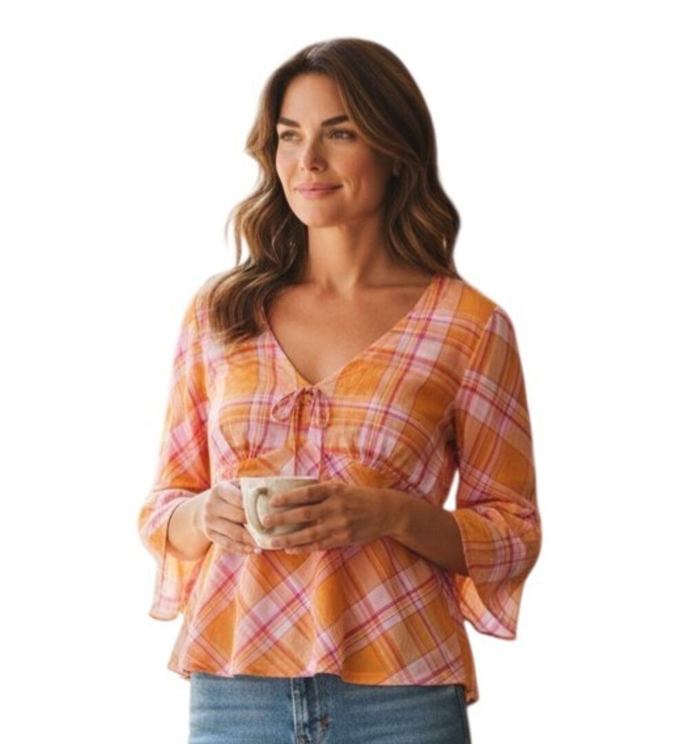 BANANA REPUBLIC Women XL Blouse Plaid Orange Pink Babydoll Lightweight 42"